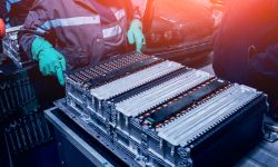 Workers work on electric vehicle battery