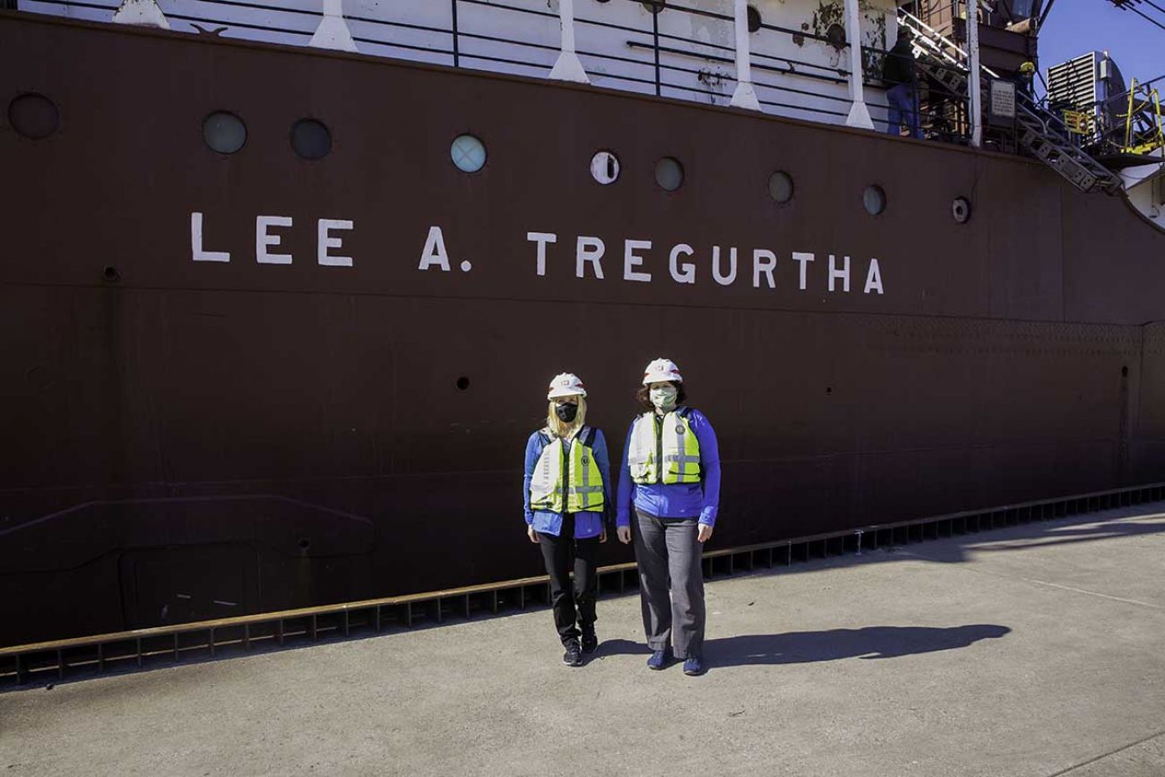 Public Health workers Charity Zimmerman, 48 and Jill Schaefer 49 ready to board the freighter Lee Tregurtha to vaccinate the crew.