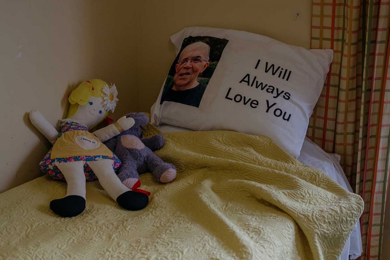 Jim Mangi, 73, gave this pillow to his wife Kathleen Schmidt, 72, during the pandemic when he was unable to visit her every day.