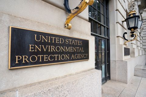 Closeup of the sign seen at one of the entrances to the U.S. Environmental Protection Agency (EPA) Headquarters at Federal Triangle in Washington, DC.