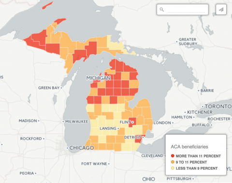 map of Michigan counties most vulnerable if Obamacare is repealed