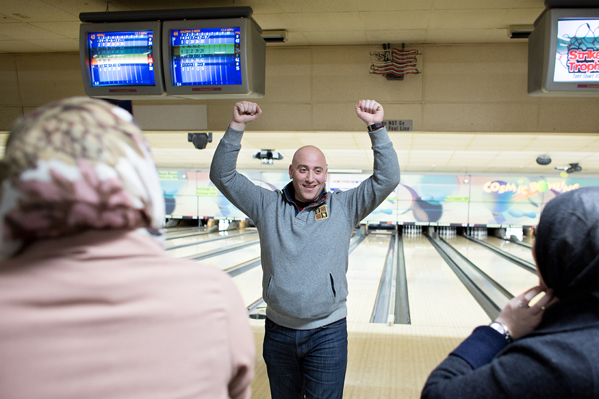 Hussein Charara of Dearborn celebrates picking up a spare at Cherry Hill Lanes in Dearborn Heights.