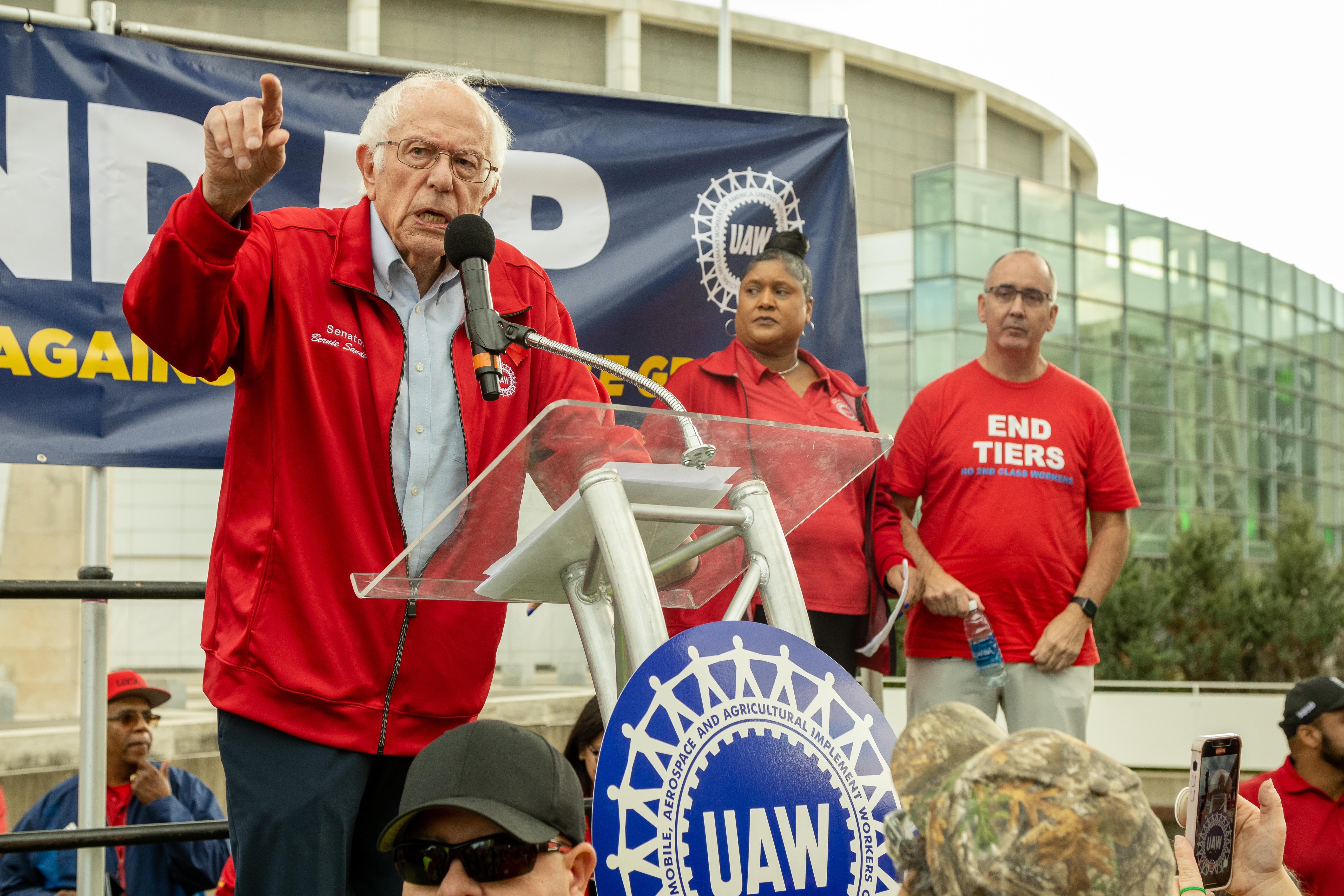 U.S. Rep. Bernie Sanders speaks at Detroit UAW rally