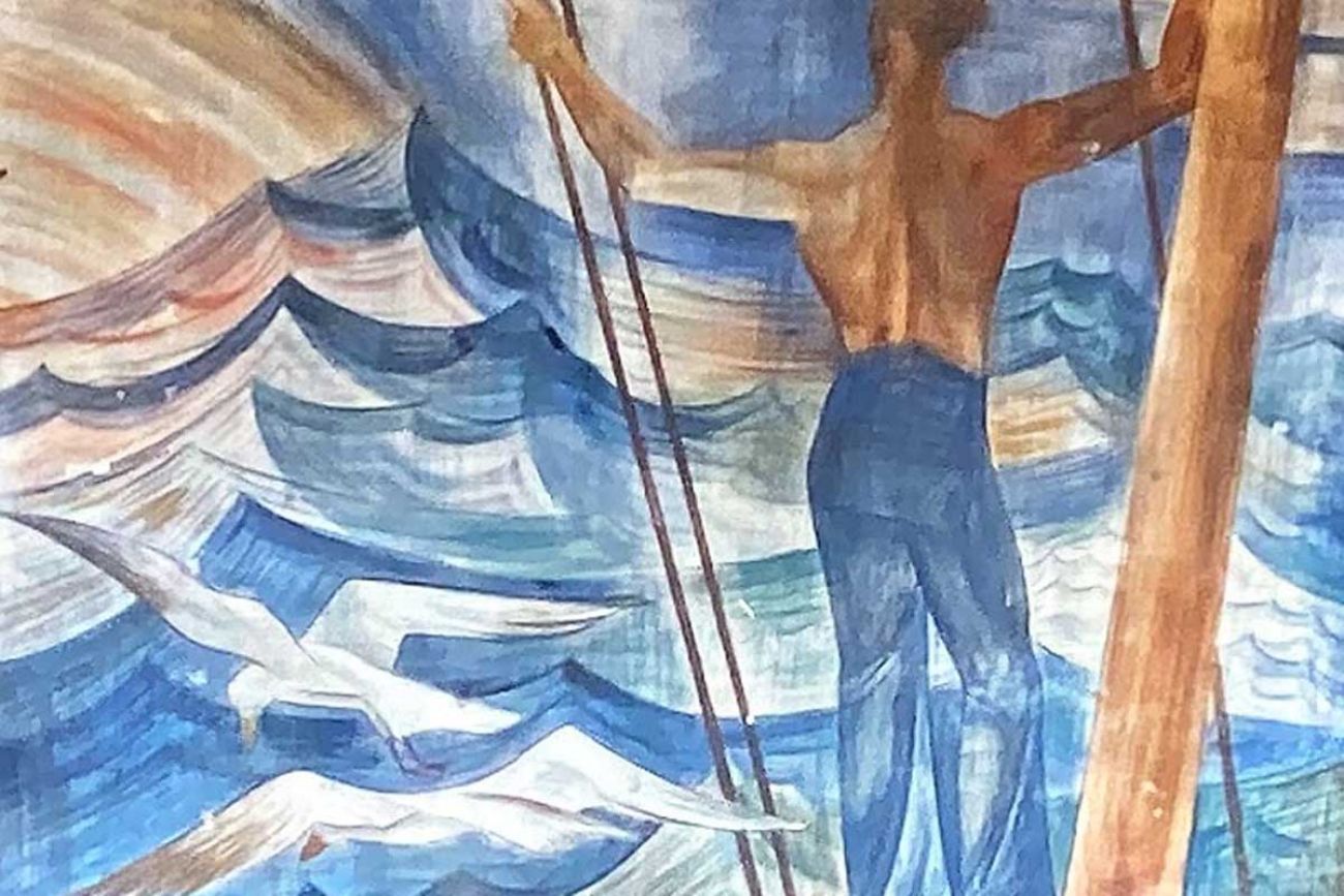 Detail of the nautical-theme murals inside the former Brodhead Naval Armory, 7600 E. Jefferson Av.e
