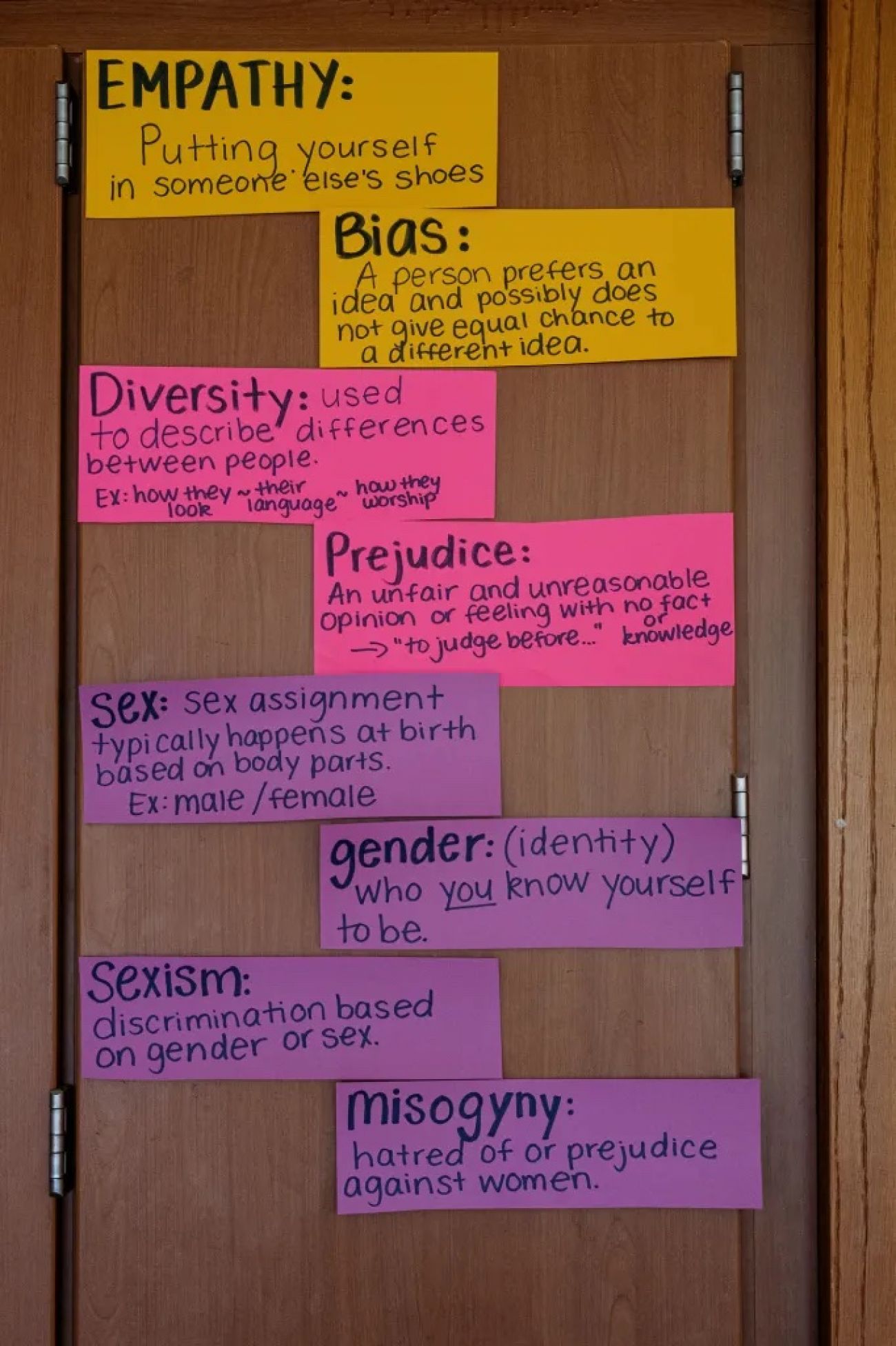 wall of paper describing the definitions of concepts like diversity and prejudice