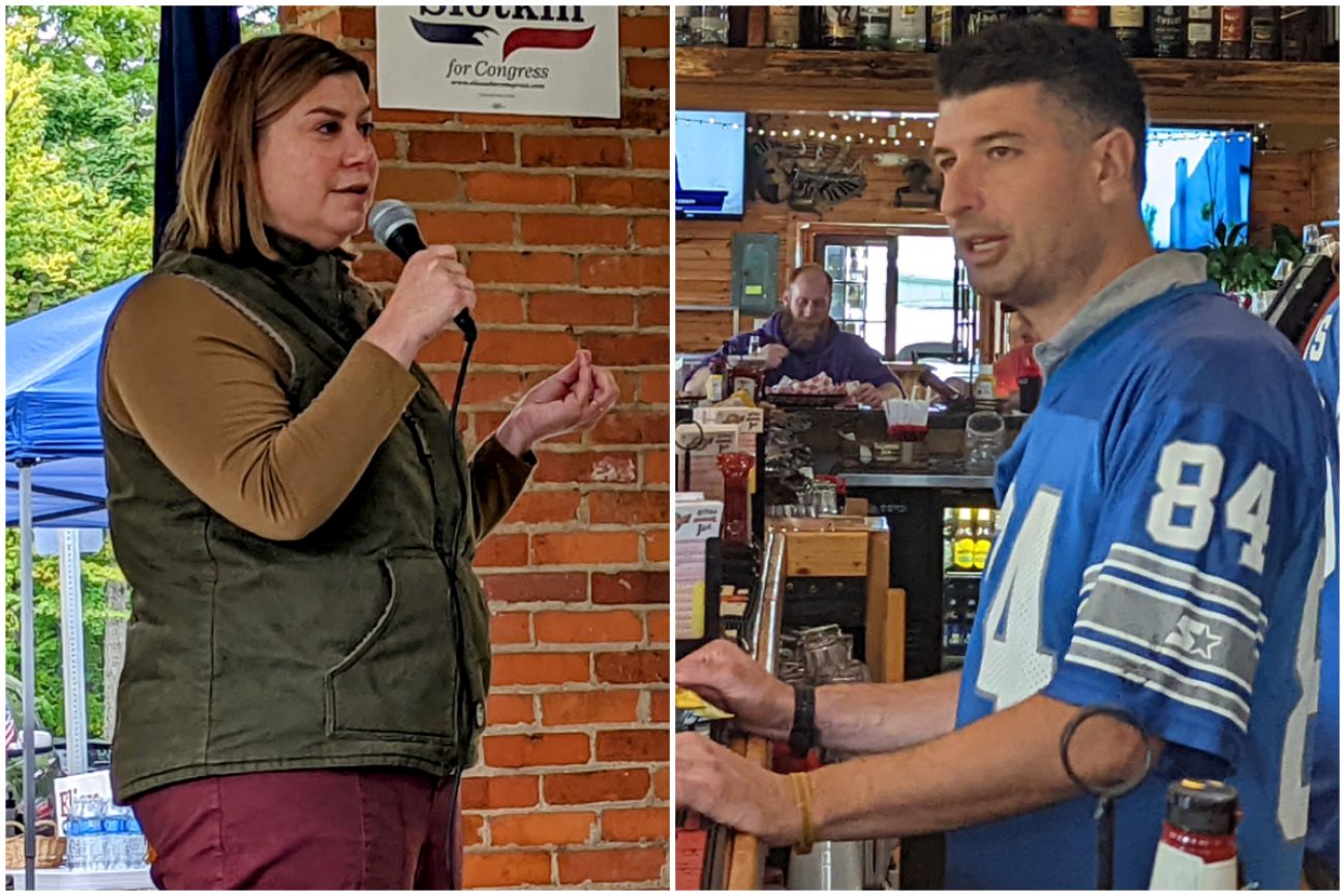 Elissa Slotkin at a campaign event and Tom Barrett in a Lions jersey