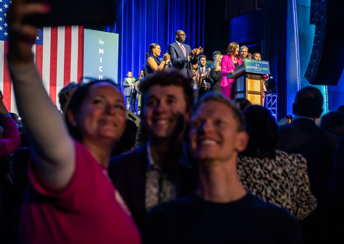people take a selfie at gretchen whitmer event