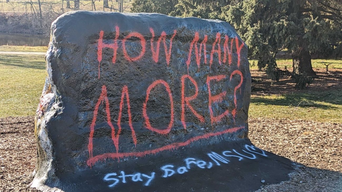 "The rock" at Michigan State's campus on the morning of February 14, 2023. (Bridge Michigan photo by Jonathan Oosting)