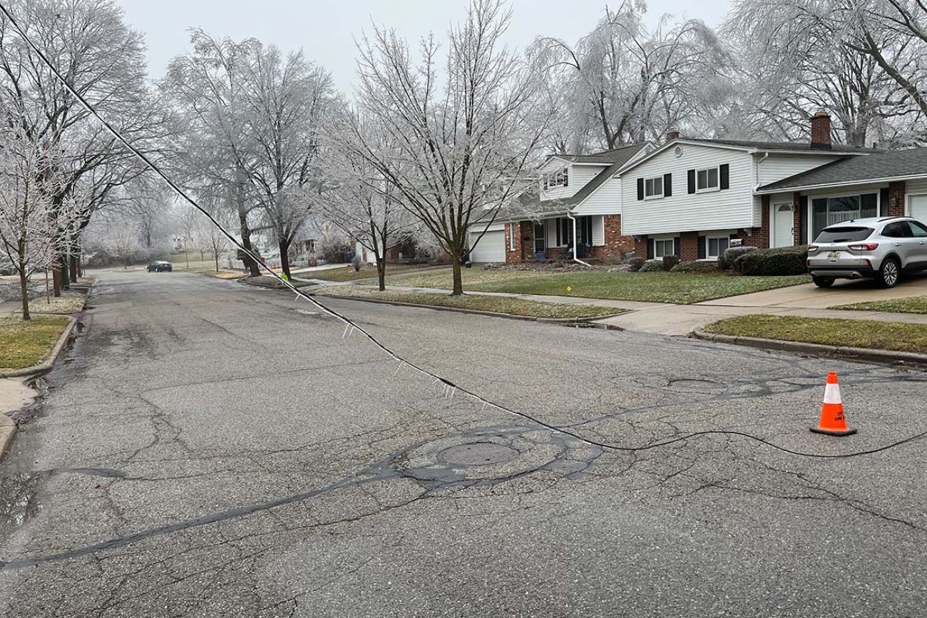 power line on street during ice storm 