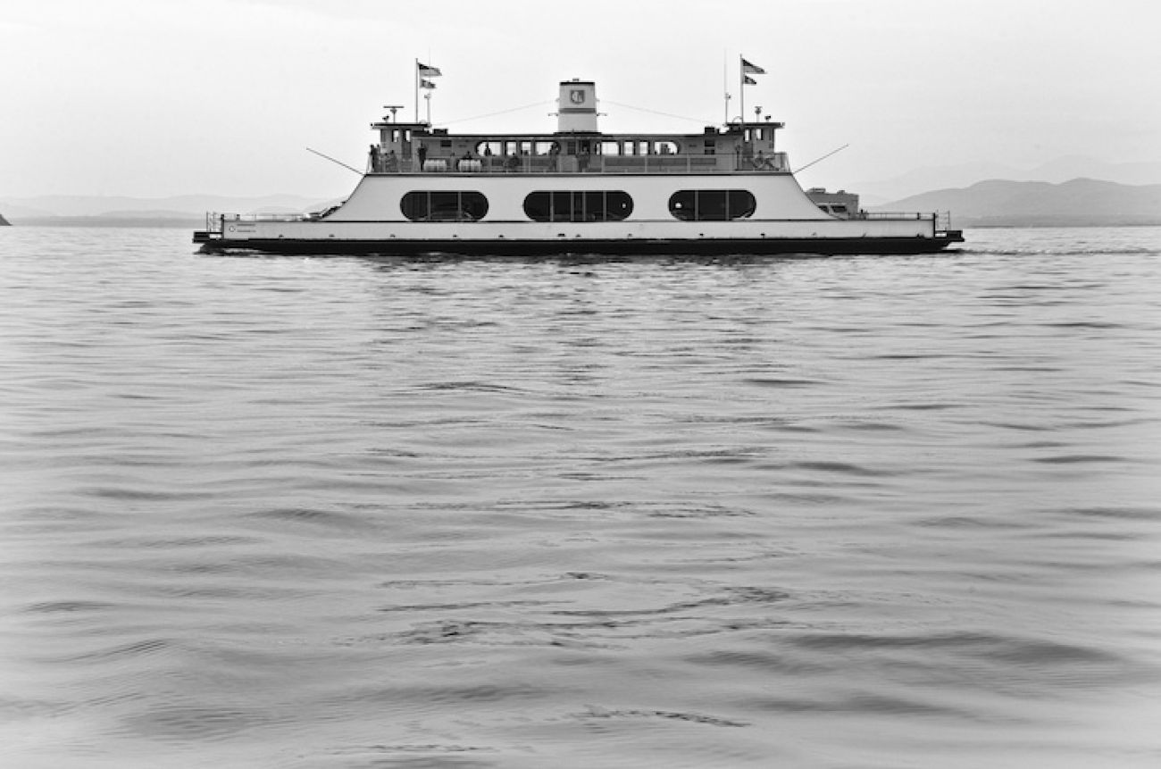 ferry in black and white photo