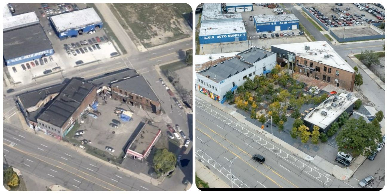 aerial views of the parking lot. one before and one after