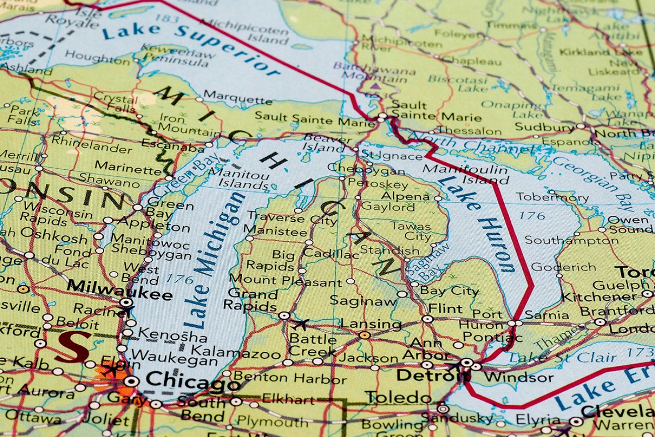 Map of the stateof Michigan with selective focus on state name