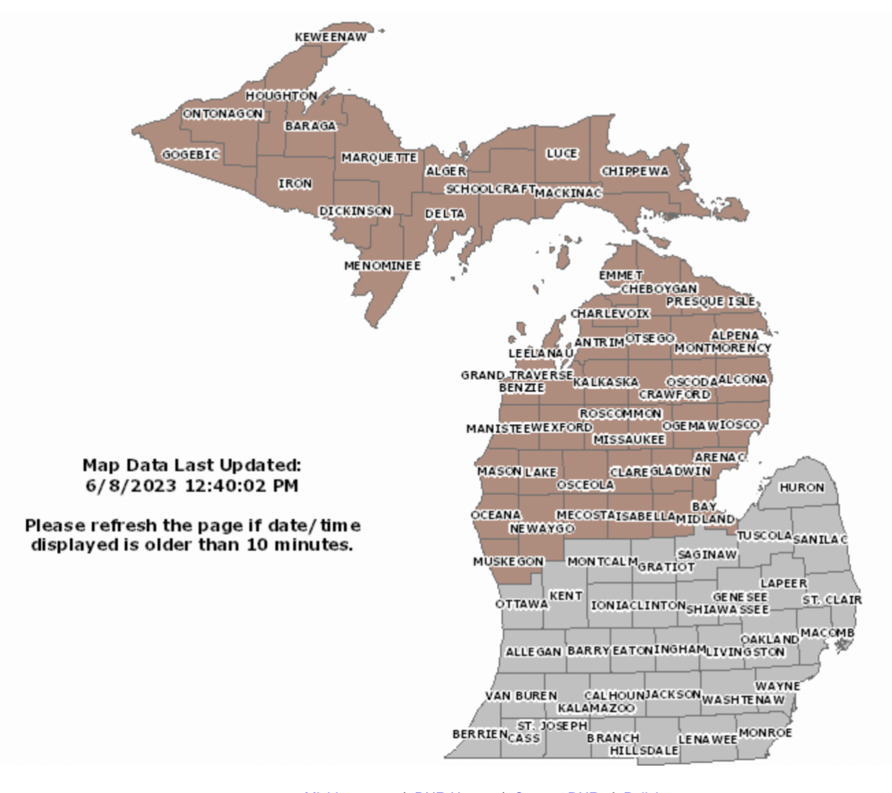 map of places that have banned burning debris in Michigan