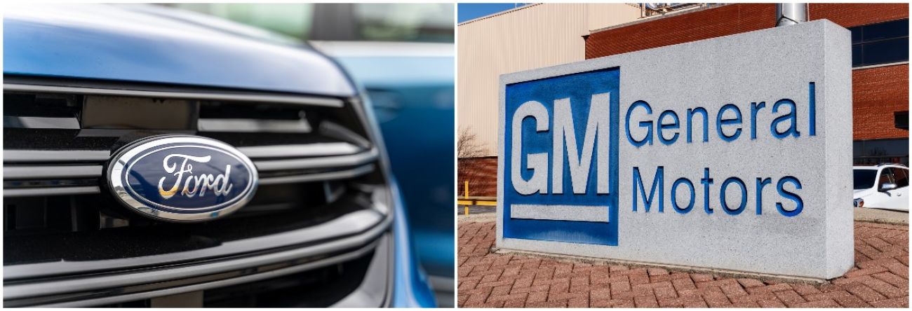 ford car on the left, gm sign on the right