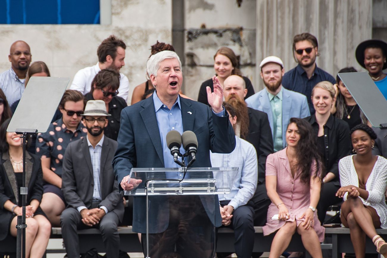 Rick Snyder at the groundbreaking ceremony for the renovation of Michigan Central station in 2018