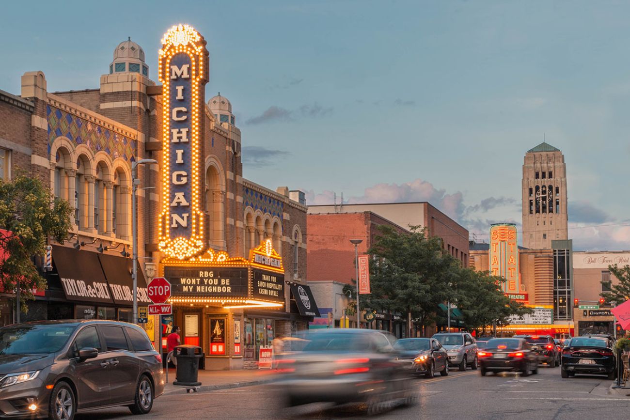 Michigan Theater on State Street downtown during sunset with cars