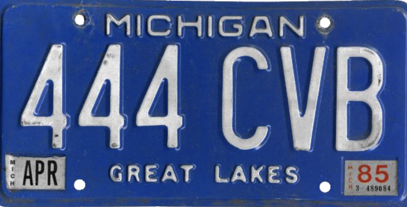 license plate tha's blue with "Great Lakes" on the bottom