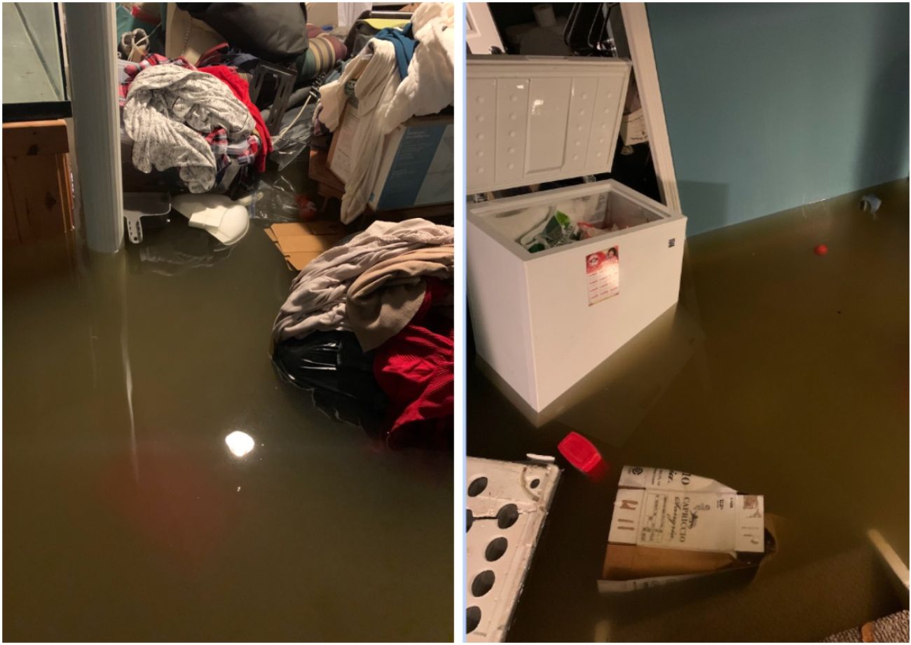 two pictures of a basement filled with water