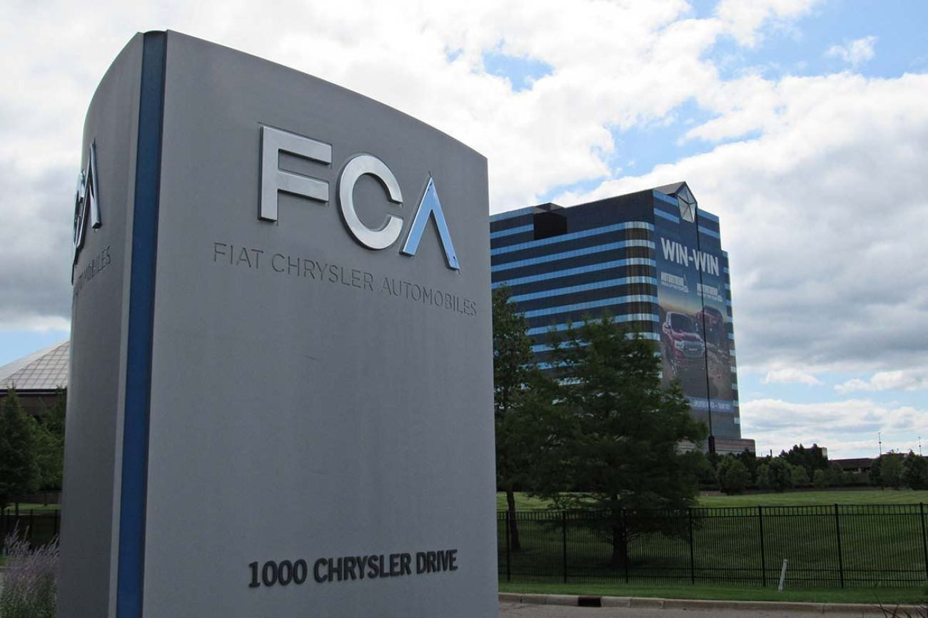 A sign welcoming visitors to the headquarters campus of Fiat Chrysler Automobiles company outside Detroit.