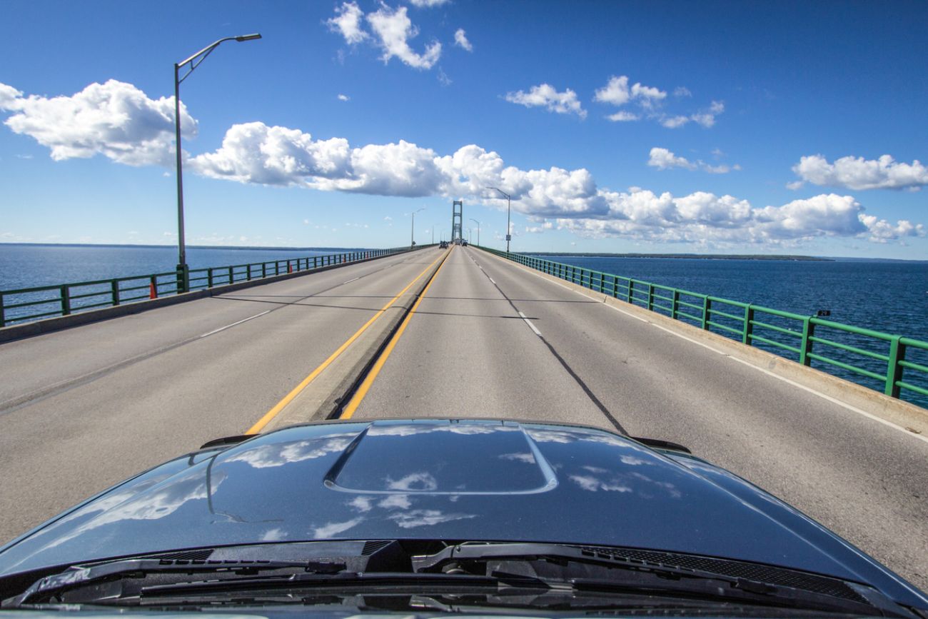 Driving Across The Mackinaw Bridge In Michigan