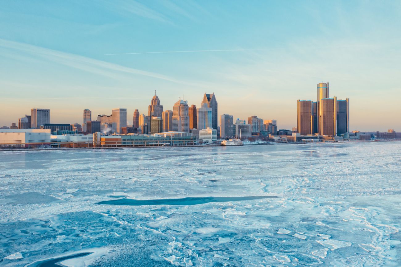 Detroit skyline with frozen river