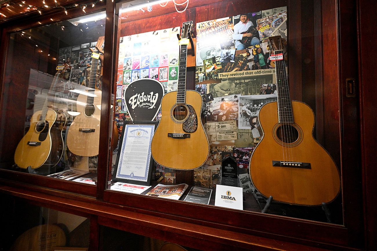 guitars being displayed 