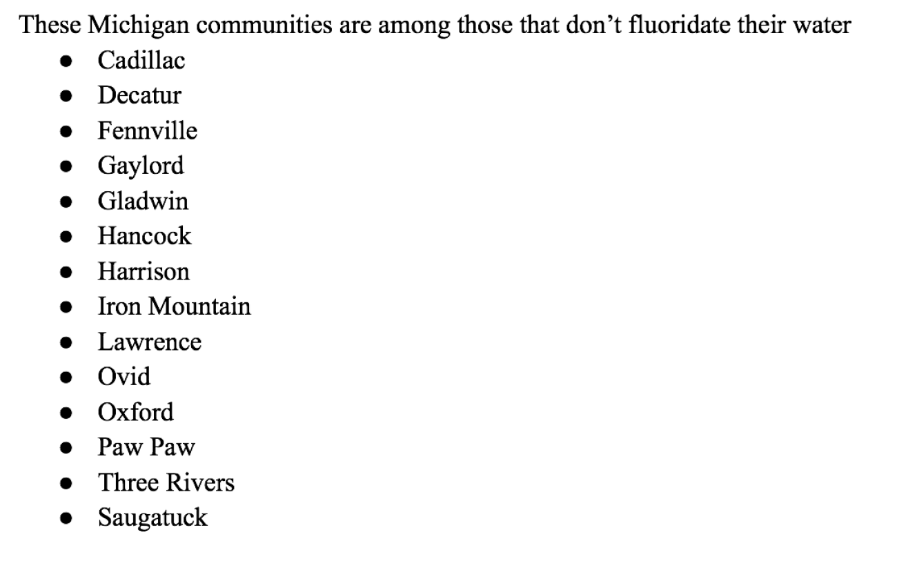 Some of the Michigan community systems that don’t fluoridate their water