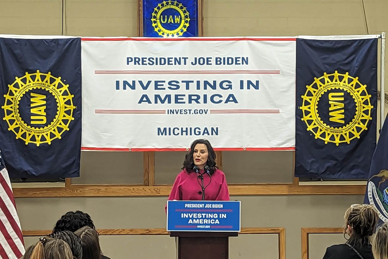 Gov. Gretchen Whitmer at the podium