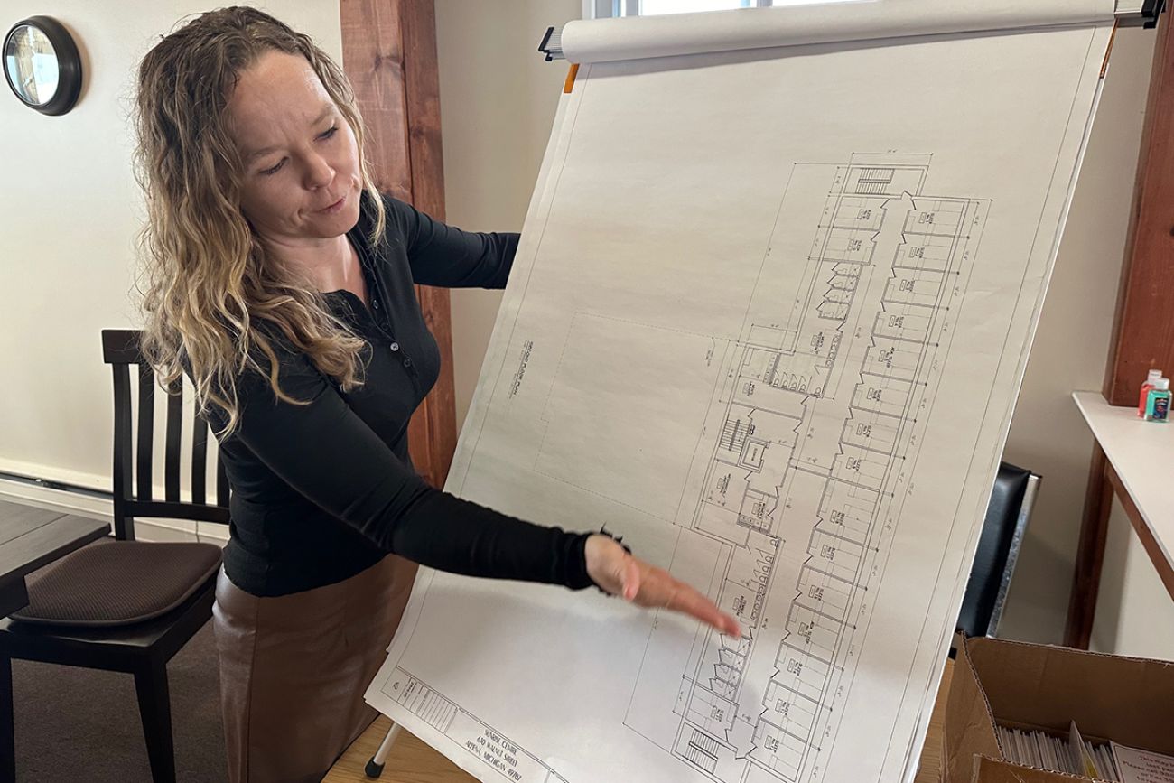woman showing plans on big paper