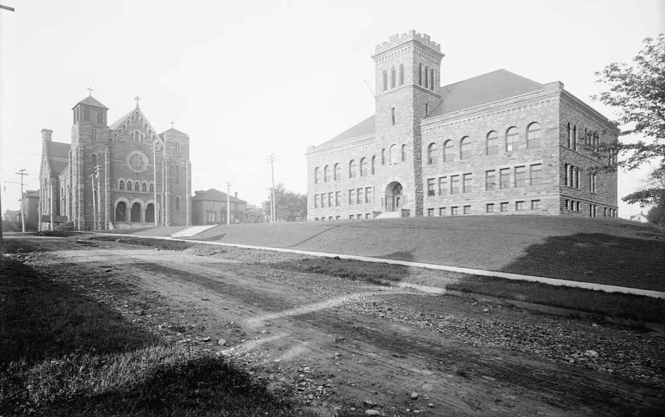 Black and white photo: St. Peter Cathedral and the connected Bishop Baraga High School sat at West Baraga Avenue and South Fourth Street in Marquette