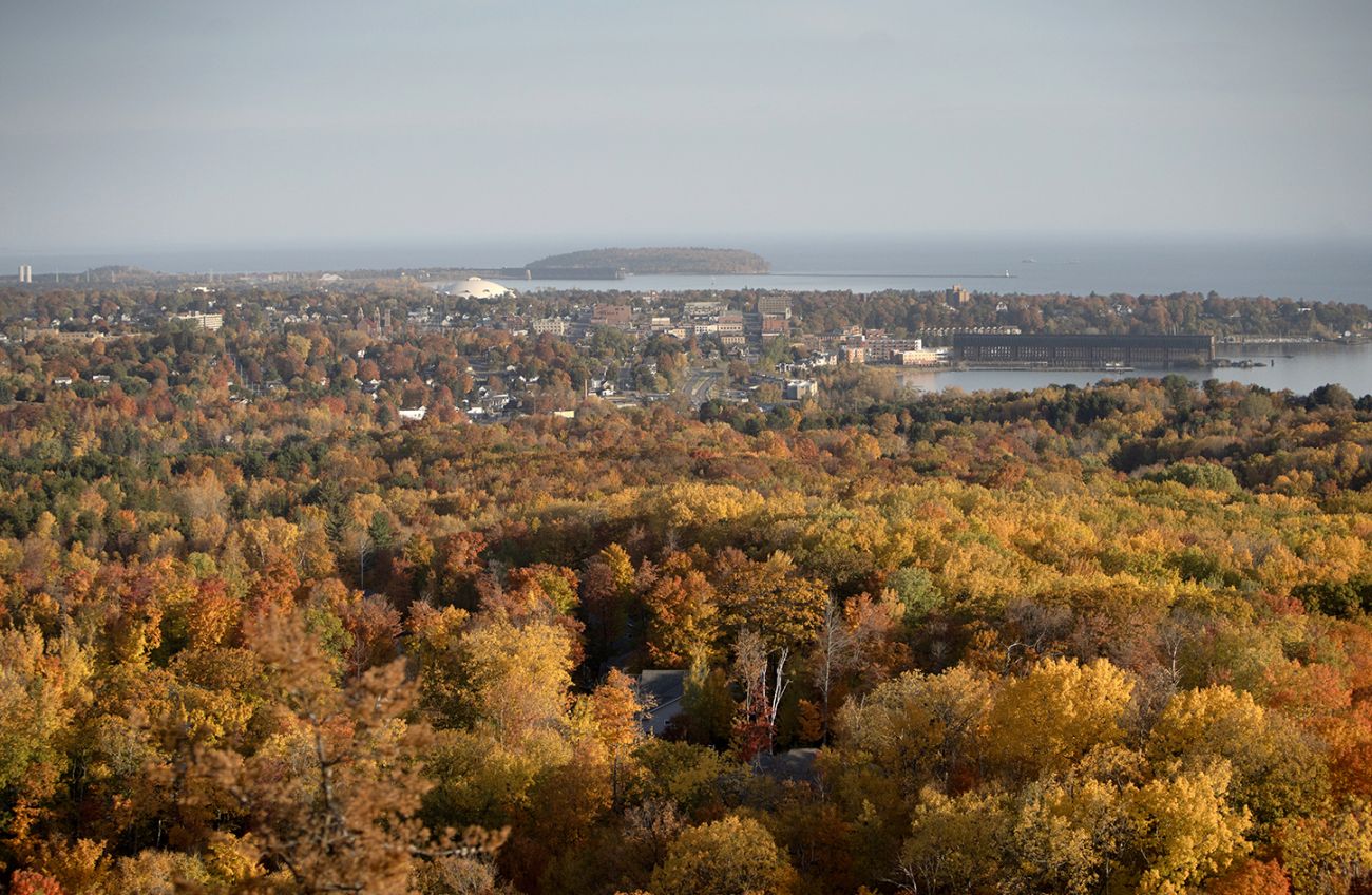 An aerial view of trees with fall foliage in Marquette, MI