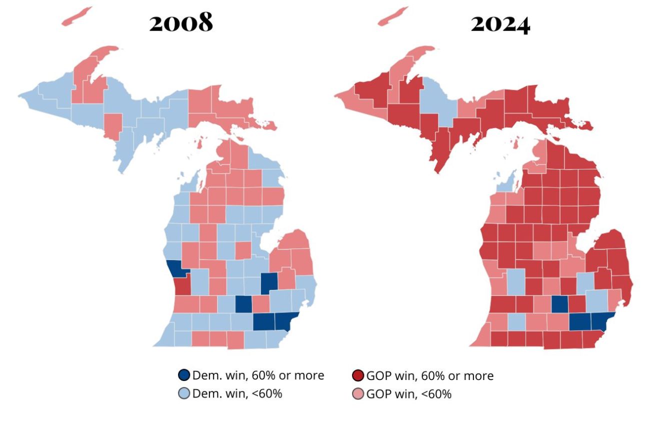 Left, 2008 map of the presidential map in Michigan; 2024 map of the presidential map in Michigan