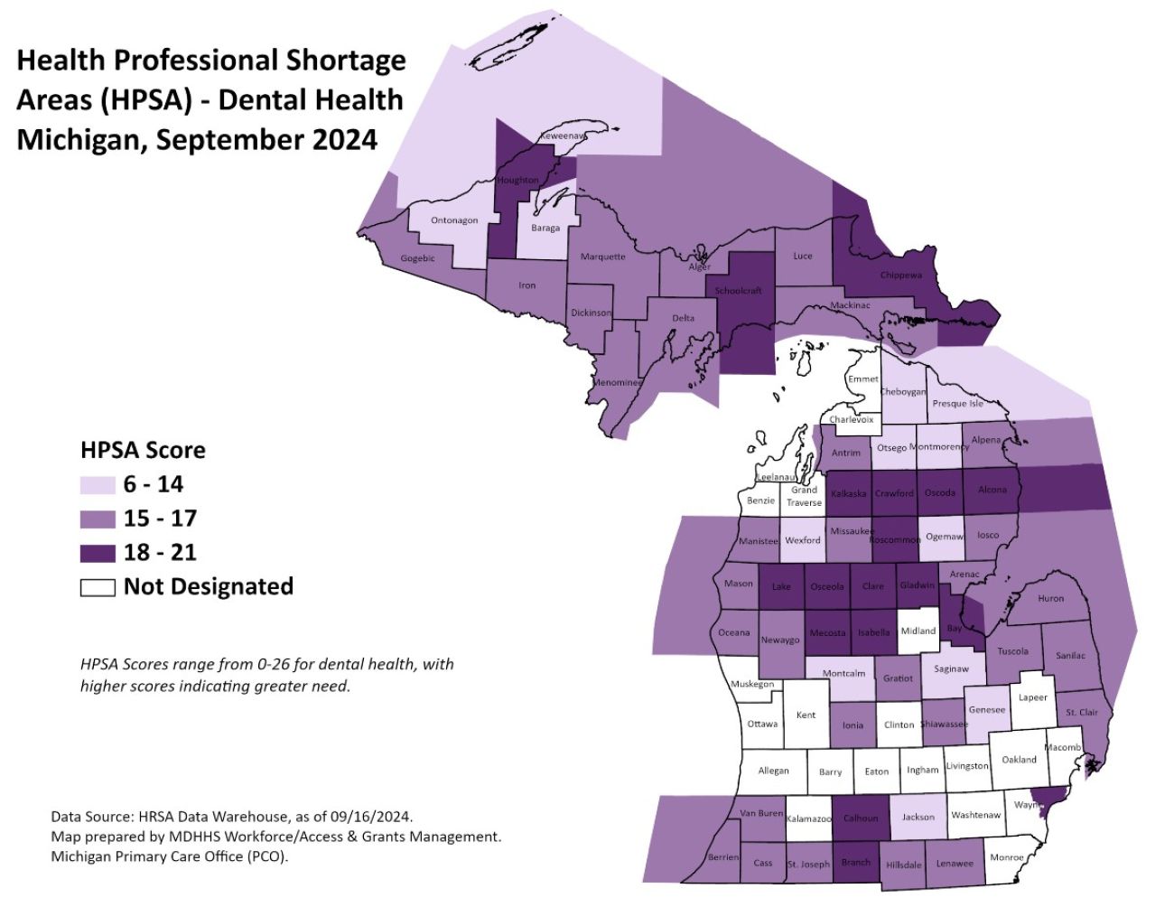 Map of Michigan showing dentist shortage areas