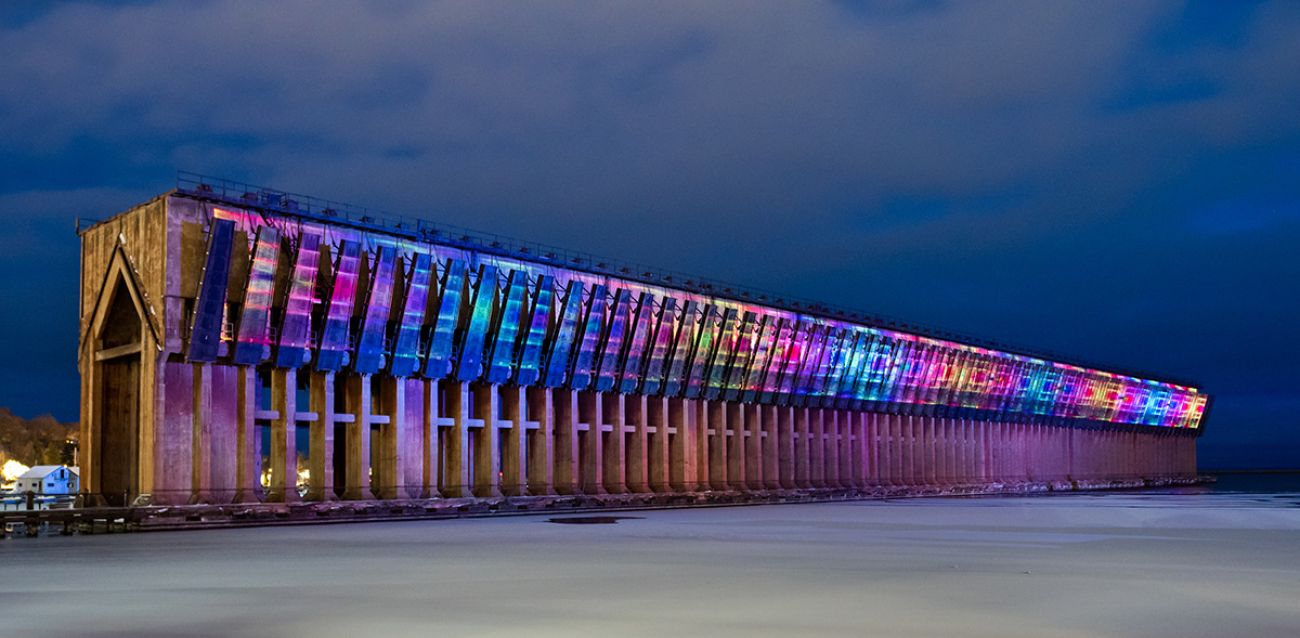 Colorful lights on the ore dock in Marquette, Michigan.