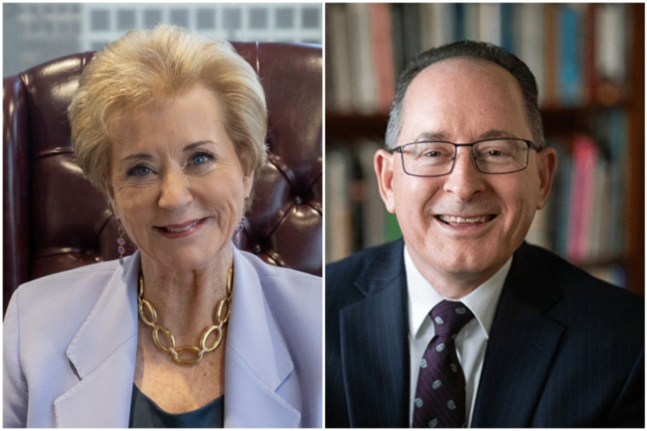 US Secretary of Education Linda McMahon on left and Michael Rice on the right