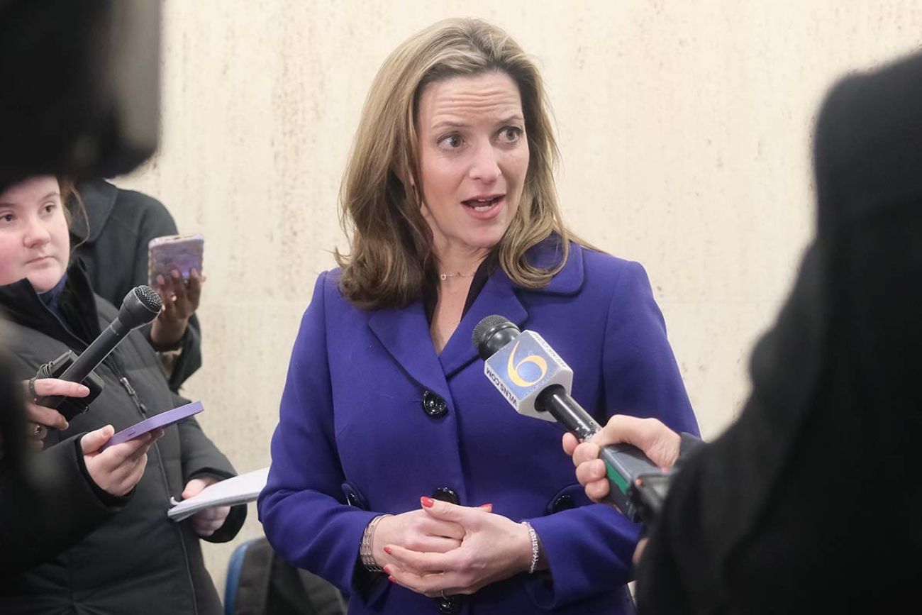 Michigan Secretary of State Jocelyn Benson speaking to reporters.