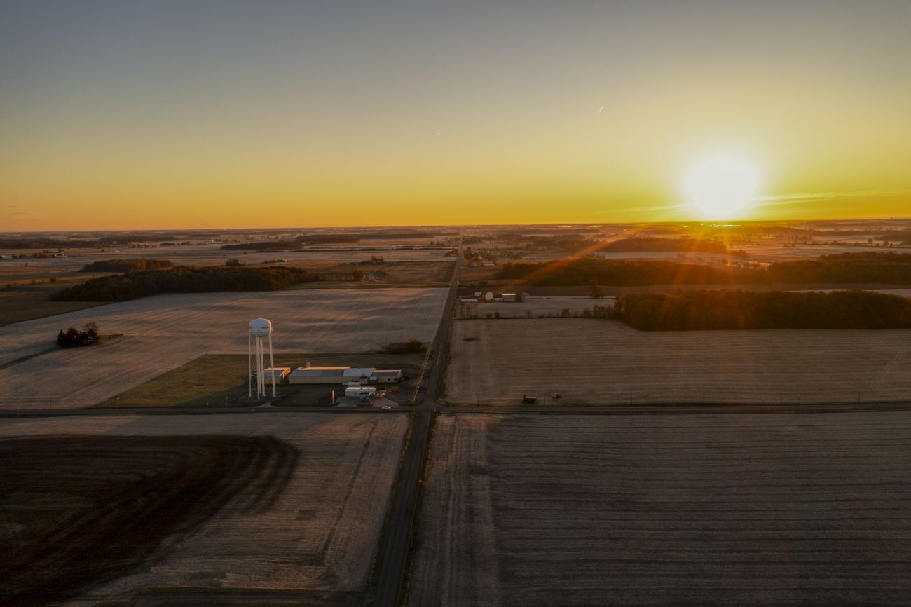 An aerial view of crop fields.
