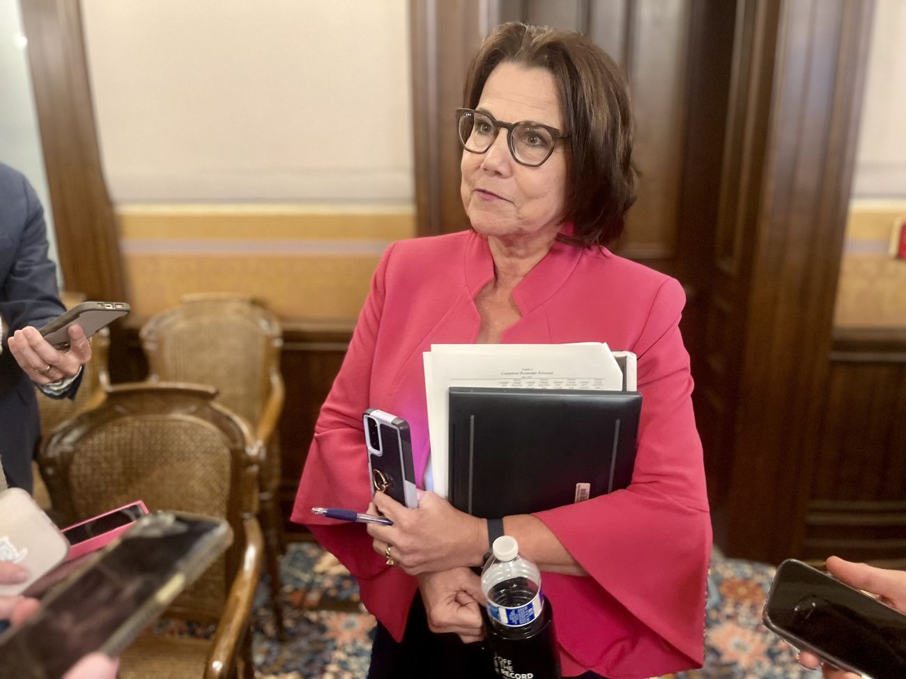 Rep. Ann Bollin speaking to reporters.
