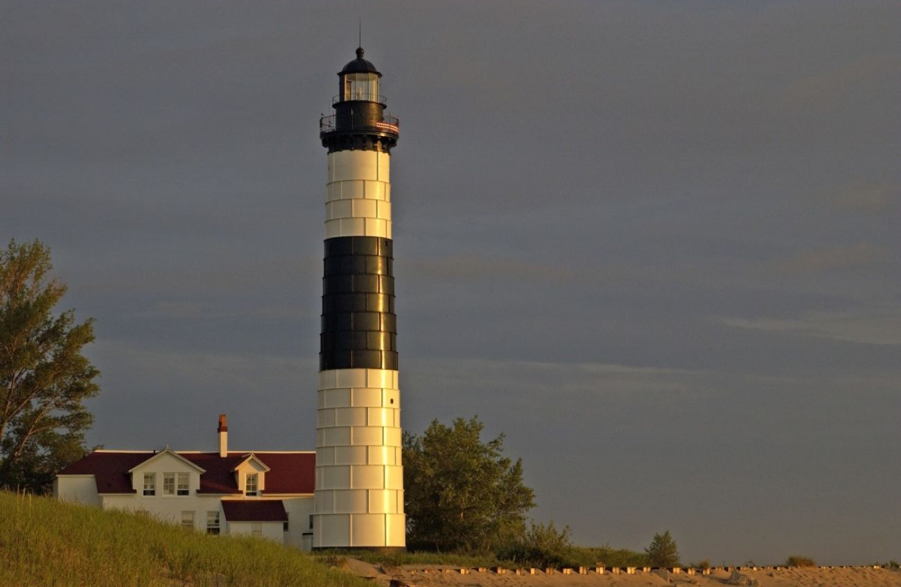 A lighthouse is seen on the shores of a Great Lake