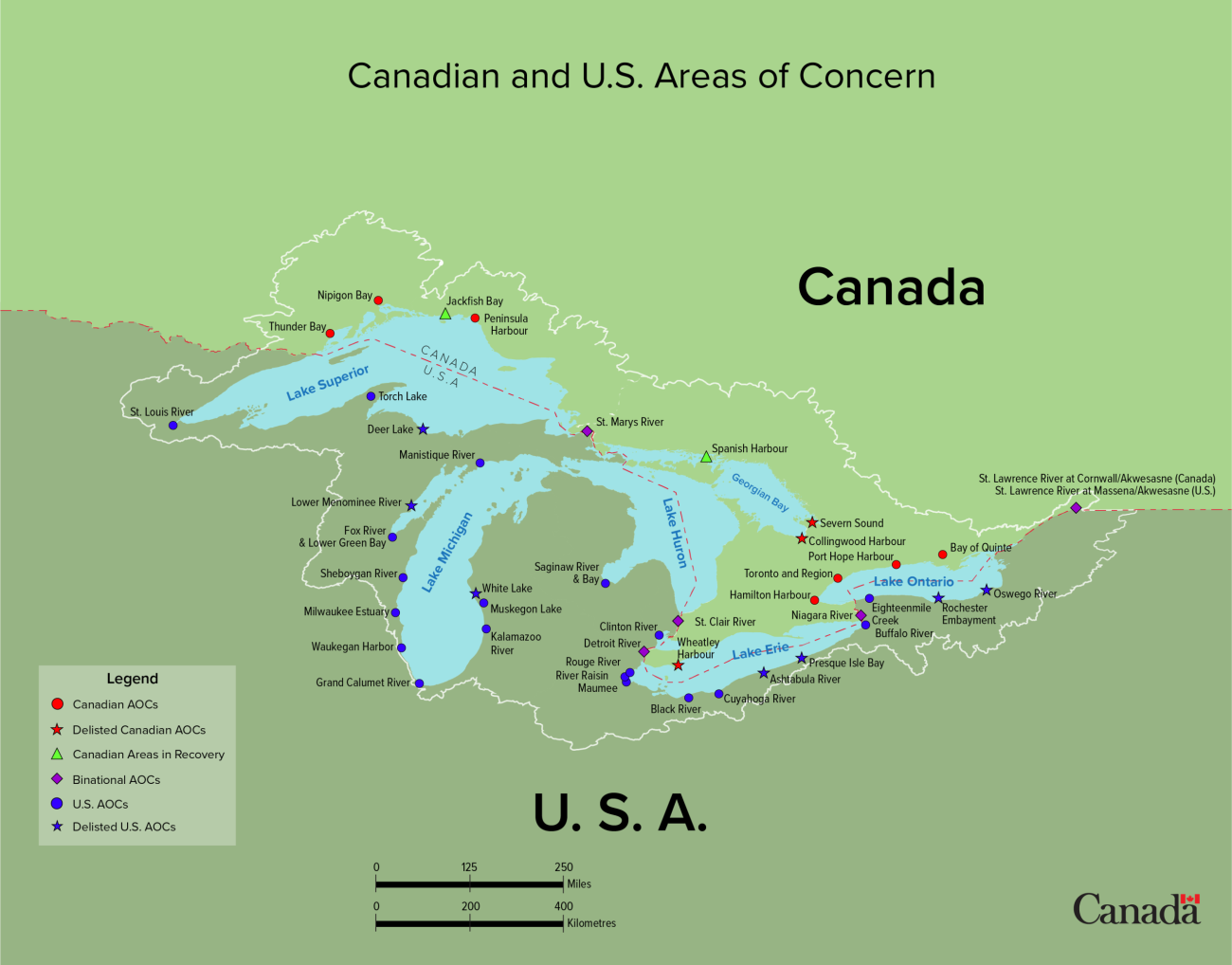 Map that shows Great Lakes Area of Concern.