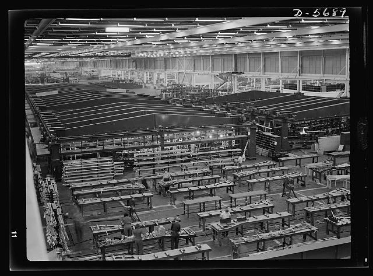 A historic photo of bomber wings being assembled at Willow Run.