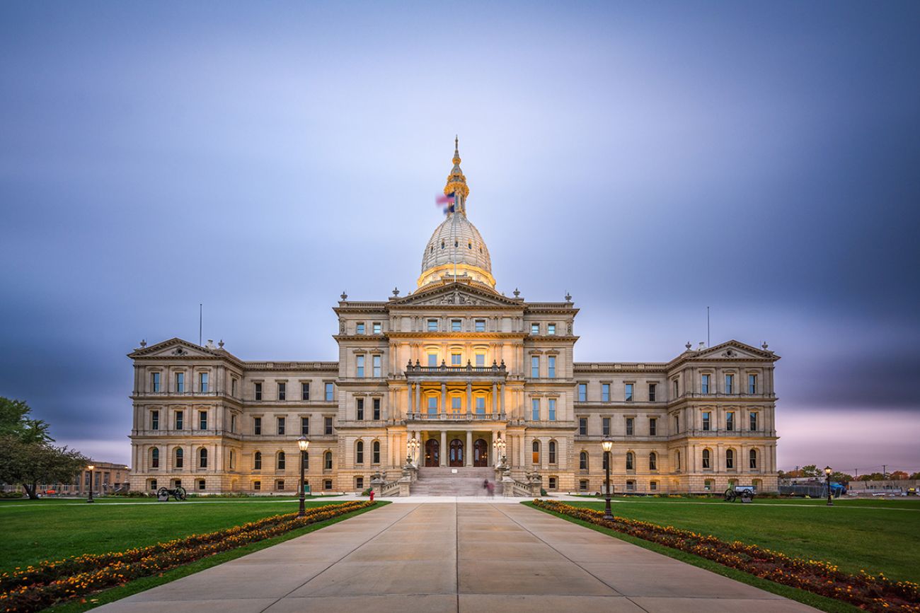 Lansing, Michigan at the Michigan State Capitol in the evening.