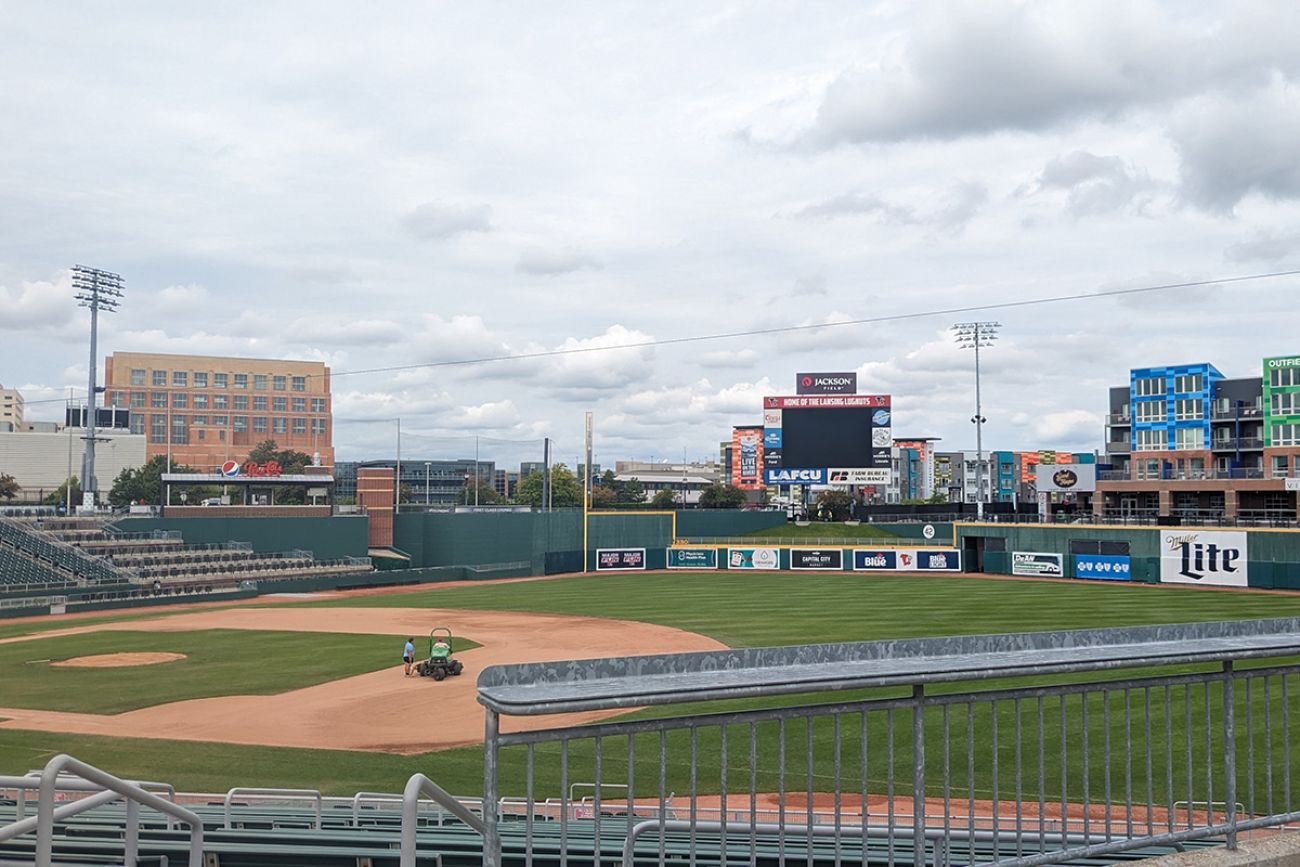 A mostly empty Jackson Field in Lansing, Michigan.