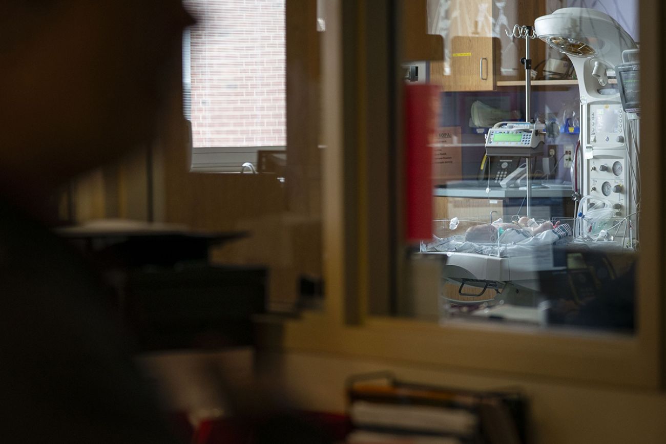 A view of the Family Birthing Center at Cadillac’s Munson hospital in Michigan. You can see a newborn through the window.