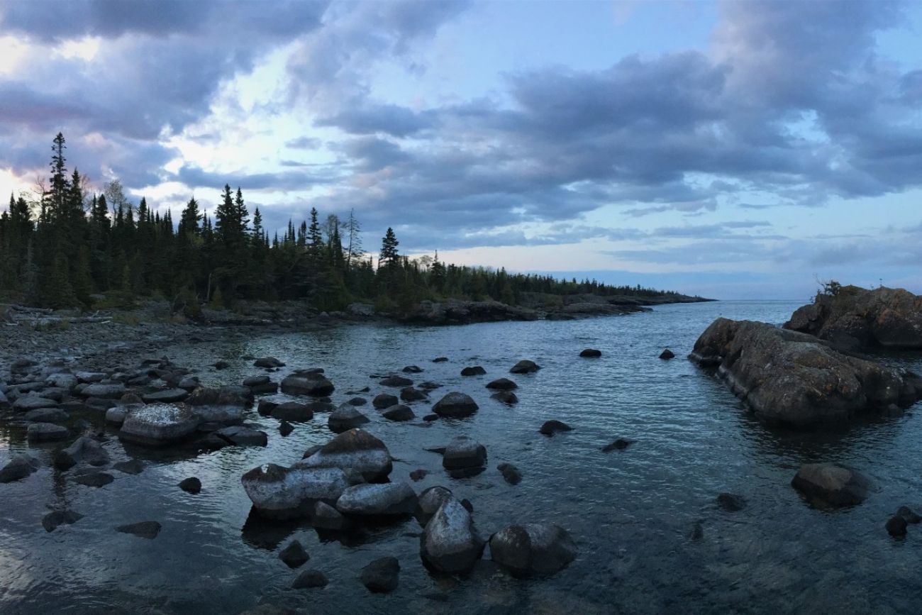 Rocks and pine trees and water are seen on the shoreline of Isle Royale