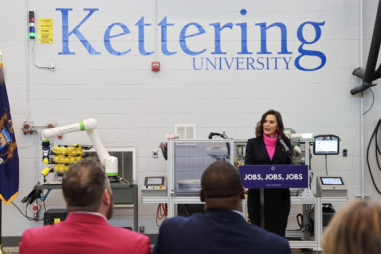 Gov. Gretchen Whitmer speaks at Kettering University in Flint.