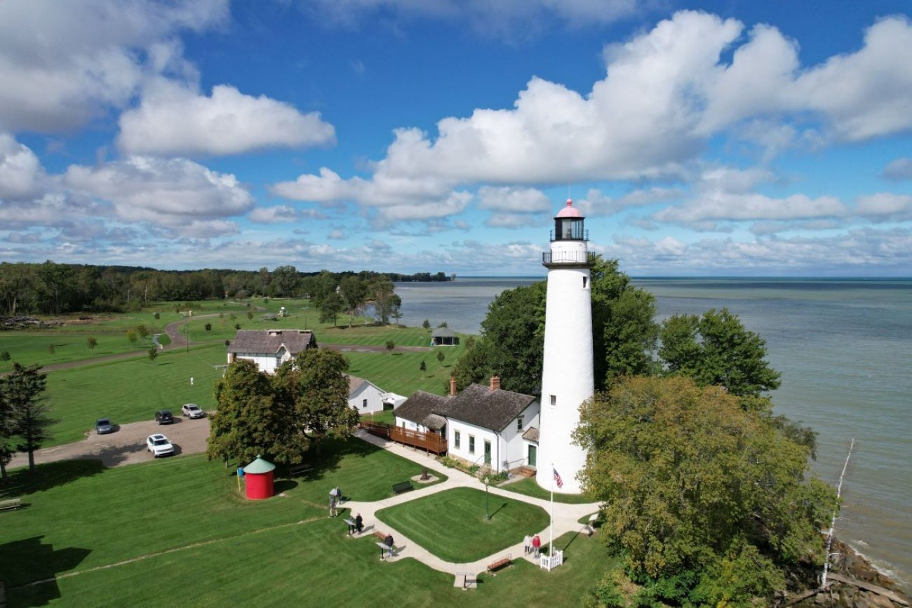 An aerial view of a lighthouse