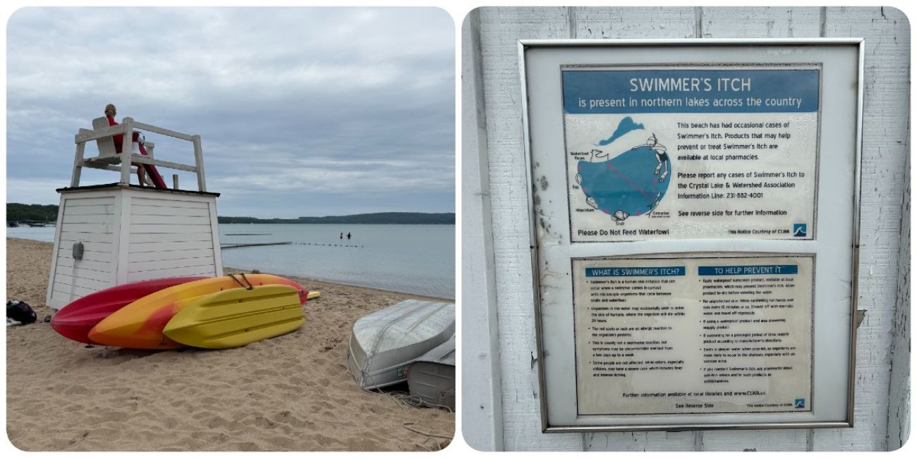 A collage of photos showing a life guard sitting in a lifeguard stand watching a lake on the left and a sign warning of swimmers itch on the right