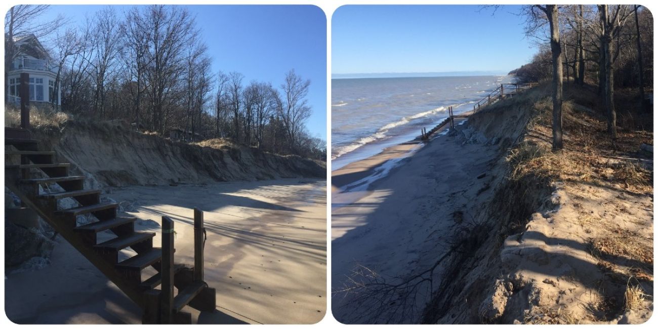 A collage of photos showing a dune near a house eroded away