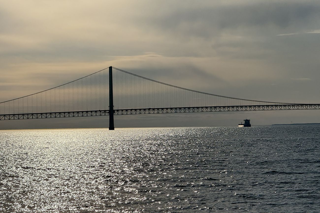 A freighter by the Mackinac Bridge.